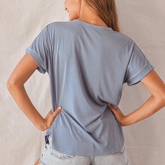 LULU’S Easily Enjoyed Dusty Blue Crew Neck Tee - Picture 2 of 5